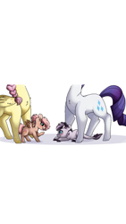 Size: 720x1280 | Tagged: safe, artist:misshoneybunn, fluttershy, rarity, oc, oc:berry blossom, oc:geo stone, dracony, hybrid, pegasus, pony, unicorn, colt, female, filly, head out of frame, interspecies offspring, male, mare, next generation, offspring, parent:big macintosh, parent:fluttershy, parent:rarity, parent:spike, parents:fluttermac, parents:sparity, simple background, story included, white background