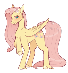 Size: 653x703 | Tagged: safe, artist:biskyfresh, part of a set, fluttershy, pegasus, pony, blushing, colored hooves, cutie mark, female, floppy ears, flower, flower in hair, looking at you, mare, raised hoof, simple background, solo, unshorn fetlocks, white background