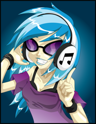 Size: 900x1162 | Tagged: safe, artist:onceuponadoodle, dj pon-3, vinyl scratch, human, bra, clothes, headphones, humanized, lipstick, nail polish, off shoulder, underwear, watermark