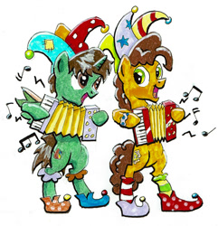 Size: 900x935 | Tagged: safe, artist:modecom1, cheese sandwich, oc, oc:frost d. tart, alicorn, pony, accordion, alicorn oc, hat, jester, jester hat, music notes, musical instrument, simple background, traditional art, white background