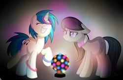 Size: 2300x1493 | Tagged: safe, artist:drawntildawn, dj pon-3, octavia melody, vinyl scratch, earth pony, pony, dancing, glow bracelets, octavia is not amused, unamused