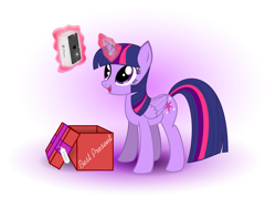 Size: 5000x3560 | Tagged: safe, artist:uliks-uliks, twilight sparkle, twilight sparkle (alicorn), alicorn, pony, absurd resolution, box, cute, eyes on the prize, happy, iphone, levitation, magic, open mouth, present, russian, simple background, smiling, solo, telekinesis, white background