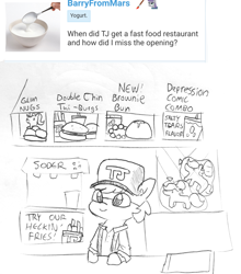 Size: 1202x1367 | Tagged: safe, artist:tjpones, starlight glimmer, oc, oc:brownie bun, oc:tjpones, earth pony, pony, unicorn, burger, chicken nugget, comments, derpibooru, fast food, female, food, french fries, glasses, grayscale, heck, male, mare, meta, monochrome, plushie, pun, restaurant, simple background, soda, solo, stallion, twilight burgkle, white background