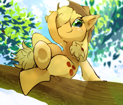 Size: 600x516 | Tagged: safe, artist:youhoujou, applejack, earth pony, pony, cowboy hat, cute, female, hat, jackabetes, looking at you, mare, smiling, solo, tree