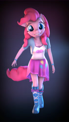 Size: 5400x9600 | Tagged: safe, artist:imafutureguitarhero, part of a set, pinkie pie, anthro, plantigrade anthro, 3d, abstract background, absurd file size, absurd resolution, boots, bracelet, bust, chromatic aberration, clothes, equestria girls outfit, female, film grain, floppy ears, jacket, jewelry, looking at you, mare, nose wrinkle, portrait, shirt, shoes, signature, skirt, smiling, solo, source filmmaker, vertical, windswept mane, windswept tail