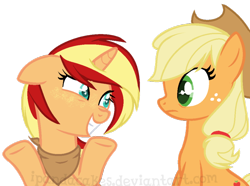 Size: 814x604 | Tagged: safe, artist:ipandacakes, applejack, oc, oc:apple spritz, earth pony, pony, unicorn, female, mare, not sunset shimmer, offspring, parent:applejack, parent:flim, parents:flimjack, simple background, transparent background