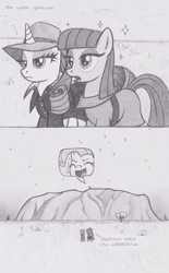 Size: 912x1467 | Tagged: safe, artist:lockerobster, maud pie, pinkie pie, rarity, earth pony, pony, unicorn, australia, ayers rock, clothes, comic, darling, dialogue, female, mare, monochrome, outback, psssdwr, rock, sparkles, uluru