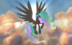 Size: 1680x1050 | Tagged: safe, artist:astralmelodia, princess celestia, alicorn, pony, cloud, crown, day, ethereal mane, female, flying, hoof shoes, jewelry, mare, peytral, regalia, solo, spread wings, sun, wings