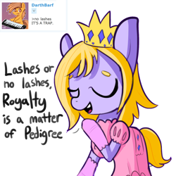 Size: 1650x1650 | Tagged: safe, artist:tjpones, oc, oc only, oc:princess pedigree, earth pony, pony, clothes, comments, crown, derpibooru, dialogue, dress, eyes closed, female, gloves, jewelry, mare, meta, princess, raised hoof, regalia, simple background, solo, white background