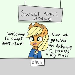 Size: 5000x5000 | Tagged: safe, artist:artiks, applejack, earth pony, pony, absurd resolution, apple (company), apple store, clothes, dialogue, female, mare, shirt, solo, t-shirt