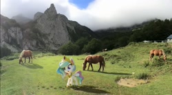 Size: 1229x684 | Tagged: safe, screencap, princess celestia, horse, pony, book filled adventure, my little pony: pony life, my little pony: stop motion short, car, house, irl, irl horse, live action, mountain, one of these things is not like the others, pasture, photo, stop motion