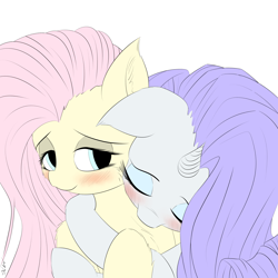 Size: 4000x4000 | Tagged: safe, artist:maneingreen, fluttershy, rarity, pegasus, pony, unicorn, blushing, chest fluff, female, flarity, hug, lesbian, shipping