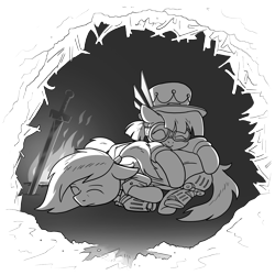 Size: 3000x3000 | Tagged: safe, artist:petirep, oc, oc only, oc:gearmaster rochal, oc:master engineer chet, pony, amputee, berserk, black and white, buck legacy, burrow, card art, cave, couple, female, fire, goggles, grayscale, hat, hug, jabot, male, mare, monochrome, parody, ponytail, shipping, sleeping, sleeping on butt, steampunk, sword, top hat, weapon