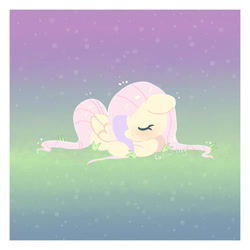 Size: 1280x1280 | Tagged: safe, artist:talim_stuff, fluttershy, pegasus, pony, eyes closed, prone, signature, sleeping, solo