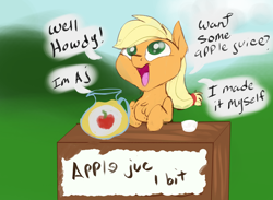 Size: 3000x2200 | Tagged: safe, artist:veesocks, applejack, earth pony, pony, 30 minute art challenge, apple juice, cute, dialogue, female, filly, filly applejack, fluffy, hnnng, howdy, jackabetes, juice, open mouth, smiling, solo, speech bubble, stand, younger