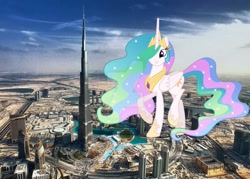 Size: 1600x1147 | Tagged: safe, artist:illumnious, artist:princesslunayay, princess celestia, alicorn, pony, burj khalifa, city, cute, cutelestia, deviantart watermark, dubai, female, giant ponies in real life, giant pony, giantess, giantlestia, highrise ponies, irl, macro, mega celestia, mega giant, obtrusive watermark, photo, ponies in real life, watermark