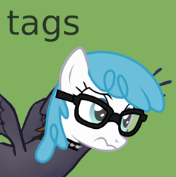 Size: 400x401 | Tagged: safe, artist:lightningbolt, artist:wingbeatpony, edit, lightning bolt, white lightning, oc, oc:wingbeat, pegasus, pony, avatar, choker, derpibooru, exploitable bolt, glasses, green background, meta, simple background, spiked choker, tags, wavy mouth