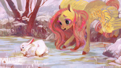 Size: 800x450 | Tagged: safe, artist:wolfiedrawie, angel bunny, fluttershy, pegasus, pony, rabbit, duo, eyelashes, female, help, ice, lake, looking at something, mare, open mouth, rescue, snow, spread wings, teary eyes, tree, unshorn fetlocks, wings, winter, worried