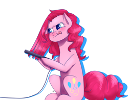 Size: 1024x804 | Tagged: safe, artist:sisitowe, pinkie pie, earth pony, pony, female, hair straightener, mare, sitting, solo, tongue out