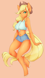 Size: 1952x3356 | Tagged: safe, artist:fernybee, applejack, anthro, earth pony, unguligrade anthro, applejack's hat, belly button, breasts, clothes, colored pupils, cowboy hat, daisy dukes, female, front knot midriff, hat, looking at you, mare, midriff, pink background, shorts, simple background, smiling, solo, stetson, thighs