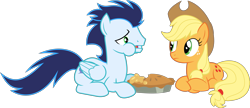 Size: 6123x2654 | Tagged: safe, artist:chainchomp2 edit, artist:redpandapony, edit, editor:slayerbvc, applejack, soarin', earth pony, pegasus, pony, apple, apple pie, eating, female, food, male, mare, pie, prone, puffy cheeks, simple background, stallion, that pony sure does love pies, transparent background, vector