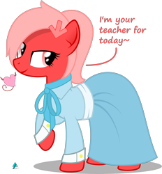 Size: 1984x2136 | Tagged: safe, artist:arifproject, oc, oc only, oc:downvote, earth pony, pony, beautiful, bow, clothes, cute, derpibooru, derpibooru ponified, dress, female, heart, mare, meta, ponified, raised hoof, show accurate, simple background, solo, teacher, text, transparent background