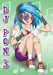 Size: 1024x1448 | Tagged: safe, artist:bonniepink, dj pon-3, vinyl scratch, human, converse, glasses, headphones, humanized, midriff, shoes, sitting, solo