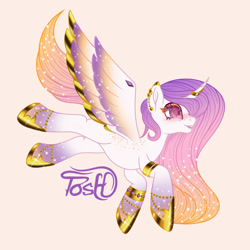 Size: 800x800 | Tagged: safe, artist:tosh03x, princess celestia, alicorn, original species, pony, alternate hairstyle, art, art work, bracelet, colored, cute, digital art, ear piercing, earring, female, flat colors, fullbody, gold, jewelry, missing accessory, piercing, pink, pink background, princess, simple background, solo, sun, wings