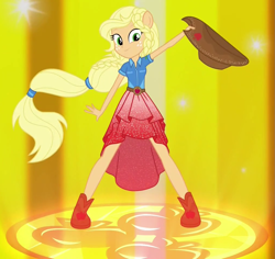 Size: 1015x960 | Tagged: safe, screencap, applejack, equestria girls, forgotten friendship, alternate hairstyle, clothes, cowboy hat, cropped, dress, female, freckles, hat, ponied up, solo, stetson, transformation