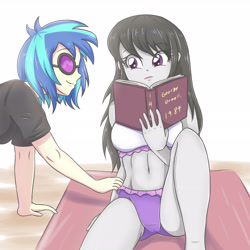 Size: 3248x3248 | Tagged: safe, artist:sumin6301, dj pon-3, octavia melody, vinyl scratch, equestria girls, 1984, belly button, bikini, book, breasts, clothes, female, lesbian, midriff, panties, scratchtavia, shipping, shirt, simple background, smiling, sunglasses, swimsuit, underwear, white background