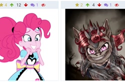 Size: 720x474 | Tagged: safe, derpibooru import, pinkie pie, oc, oc:rampage, earth pony, pony, derpibooru, juxtaposition, meta