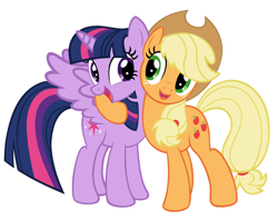 Size: 3632x2884 | Tagged: safe, artist:selusunost, applejack, twilight sparkle, twilight sparkle (alicorn), alicorn, earth pony, pony, duo, hug, simple background, white background