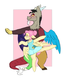 Size: 1257x1487 | Tagged: safe, artist:flamekitties, discord, fluttershy, pegasus, pony, alternate hairstyle, ballerina, ballet, blushing, clothes, discoshy, en pointe, female, flutterina, male, on one leg, pas de deux, shipping, smiling, straight, tutu