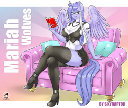 Size: 800x679 | Tagged: safe, artist:skyraptor, oc, oc only, oc:mariah wolves, alicorn, anthro, plantigrade anthro, alicorn oc, anthro oc, belly button, big breasts, book, breasts, cleavage, clothes, crossed legs, female, glasses, high heels, sitting, solo, stockings