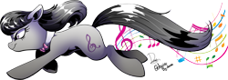 Size: 3186x1123 | Tagged: safe, artist:dormin-dim, octavia melody, earth pony, pony, bowtie, female, mare, music notes, running, signature, simple background, smiling, solo, transparent background