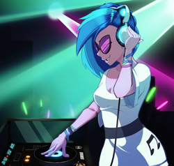 Size: 1400x1334 | Tagged: safe, artist:darksittich, dj pon-3, vinyl scratch, human, clothes, female, glowstick, headphones, humanized, solo, sunglasses, turntable