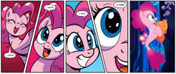 Size: 1320x560 | Tagged: safe, artist:pencils, edit, editor:wanderingpony, idw, pinkie pie, earth pony, fish, pony, seapony (g4), my little pony: the movie, spoiler:comic, spoiler:comic69, bubble, bubble fish, comic, cute, diapinkes, ed edd n eddy, female, grin, mare, official comic, seaponified, seapony pinkie pie, smiling, solo, species swap, text edit, that pony sure does love being a seapony, wish