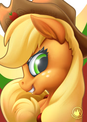 Size: 955x1351 | Tagged: safe, artist:mysticalpha, applejack, earth pony, pony, cowboy hat, female, freckles, hat, looking back, mare, smiling, solo, stetson