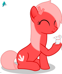 Size: 2000x2390 | Tagged: safe, artist:arifproject, oc, oc only, oc:downvote, mouse, pony, derpibooru, derpibooru ponified, eyes closed, holding, meta, ponified, simple background, sitting, smiling, solo, transparent background, vector