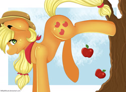 Size: 3000x2200 | Tagged: safe, artist:milkymitsuki, applejack, earth pony, pony, apple, applebucking, bandana, clothes, female, food, looking at you, mare, neckerchief, scarf, solo, tree