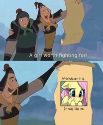 Size: 636x768 | Tagged: safe, edit, fluttershy, pegasus, pony, a girl worth fighting for, blushing, caption, crossover, exploitable meme, meme, mulan, obligatory pony