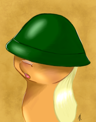 Size: 1345x1714 | Tagged: safe, artist:rengam, applejack, earth pony, pony, abstract background, bust, female, helmet, mare, open mouth, solo