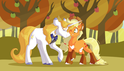 Size: 1024x593 | Tagged: safe, artist:torusthescribe, applejack, prince blueblood, earth pony, pony, unicorn, apple tree, bluejack, cheek fluff, chest fluff, crack shipping, female, fluffy, leg fluff, male, mare, nuzzling, shipping, stallion, straight, tree, unshorn fetlocks