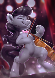 Size: 850x1200 | Tagged: safe, artist:assasinmonkey, octavia melody, earth pony, pony, semi-anthro, belly button, bow (instrument), bowtie, cello, cello bow, crying, eyes closed, female, mare, musical instrument, solo, stage, underhoof