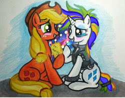 Size: 500x394 | Tagged: safe, artist:catfish, applejack, rarity, earth pony, pony, unicorn, alternate hairstyle, female, lesbian, punk, rarijack, raripunk, shipping, traditional art