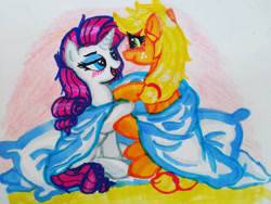 Size: 500x375 | Tagged: safe, artist:catfish, applejack, rarity, earth pony, pony, unicorn, blanket, female, lesbian, rarijack, shipping, traditional art