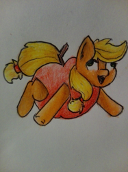 Size: 1024x1366 | Tagged: safe, artist:lilrandum, applejack, earth pony, pony, apple, applejack becoming an apple, clothes, costume, derp, female, food, food costume, giant apple, happy, mare, open mouth, shading, silly, silly pony, smiling, solo, traditional art, who's a silly pony