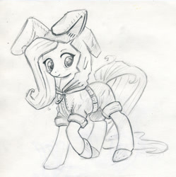 Size: 900x902 | Tagged: safe, artist:maytee, fluttershy, pegasus, pony, bunny ears, clothes, costume, cute, dangerous mission outfit, female, flutterspy, goggles, hoodie, monochrome, shyabetes, sketch, solo, spy, traditional art