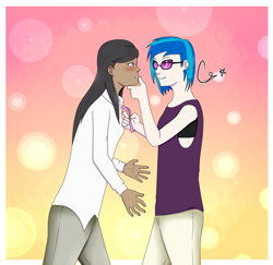 Size: 1850x1800 | Tagged: safe, artist:moondragon1204, dj pon-3, octavia melody, vinyl scratch, human, bedroom eyes, blushing, bowtie, clothes, dark skin, ear piercing, earring, female, holding chin, humanized, jeans, jewelry, lesbian, pants, piercing, scratchtavia, shipping, tanktop