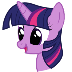 Size: 256x256 | Tagged: safe, artist:joey, derpibooru exclusive, twilight sparkle, .svg available, bust, derpibooru, derpibooru badge, derpibooru community collaboration, friendship art and magic, meta, open mouth, picture for breezies, portrait, show accurate, simple background, smiling, solo, svg, transparent background, vector